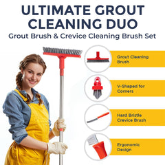 Fox Trot long handle extended in use reaching high tile without bending for ergonomic cleaning