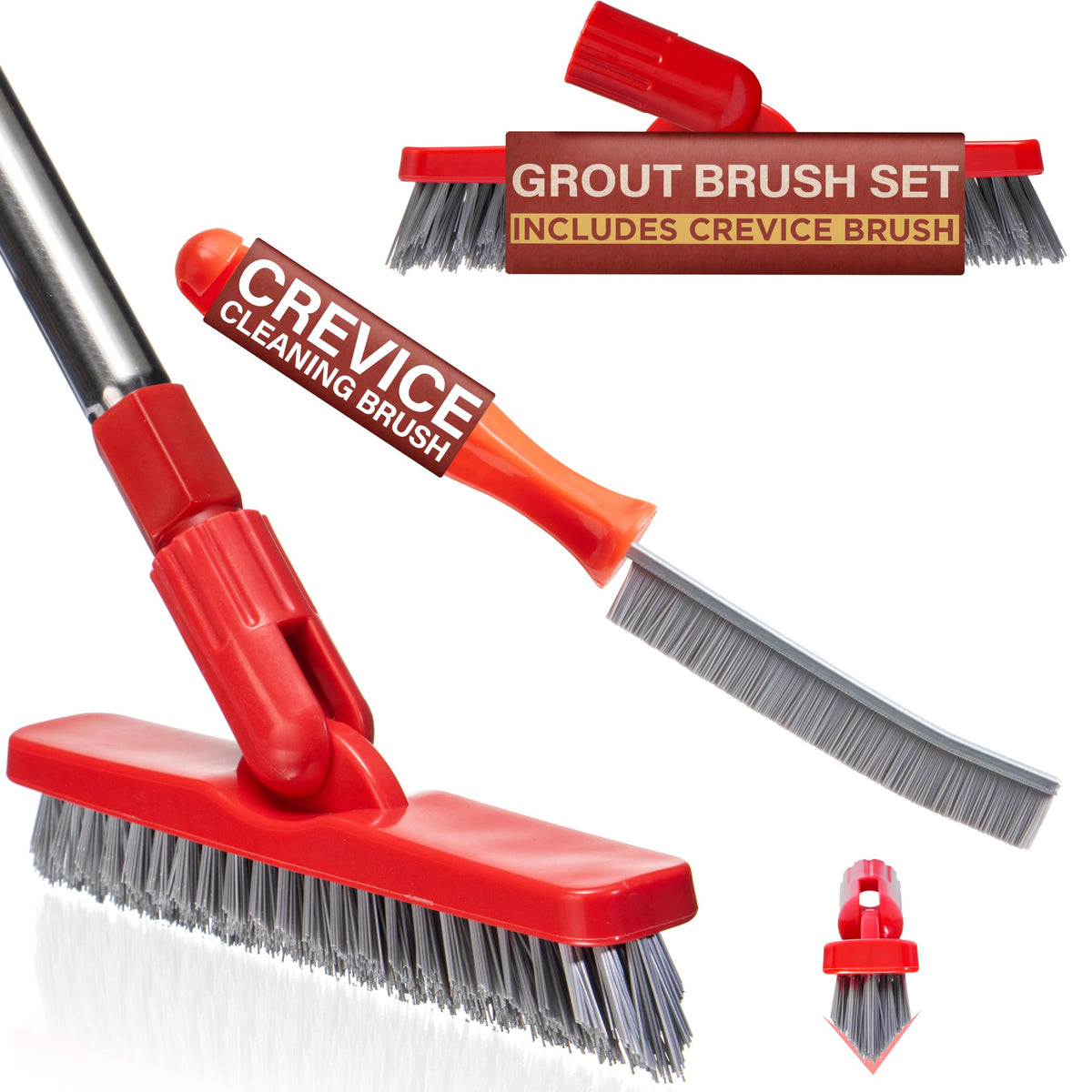 Fox Trot front view packaging showing included grout and crevice brushes for easy identification and benefit