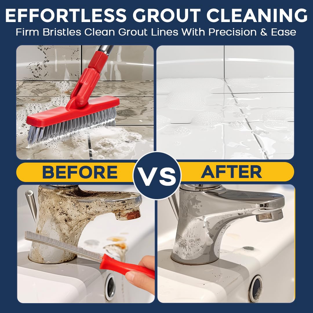 Fox Trot grout brush in shower removing soap scum and making wall tile cleaning easier