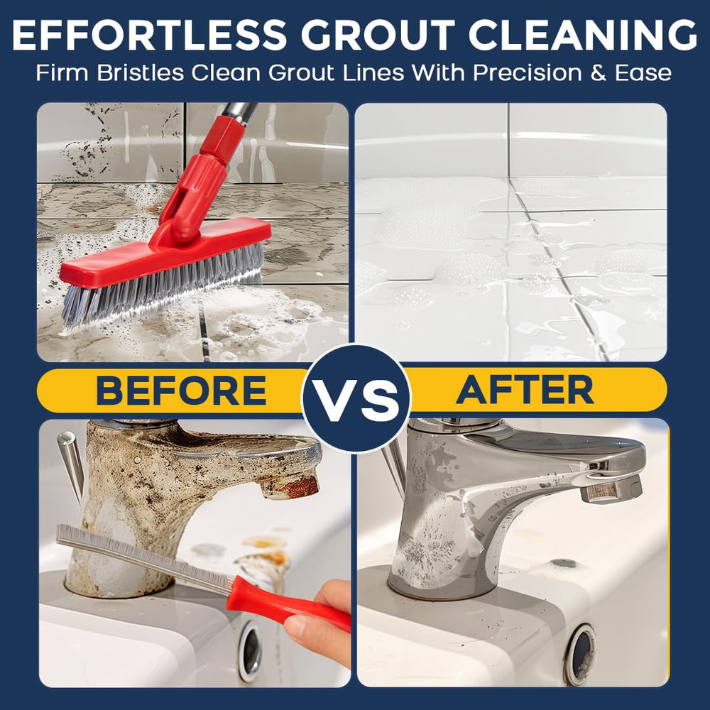 Fox Trot grout brush in shower removing soap scum and making wall tile cleaning easier