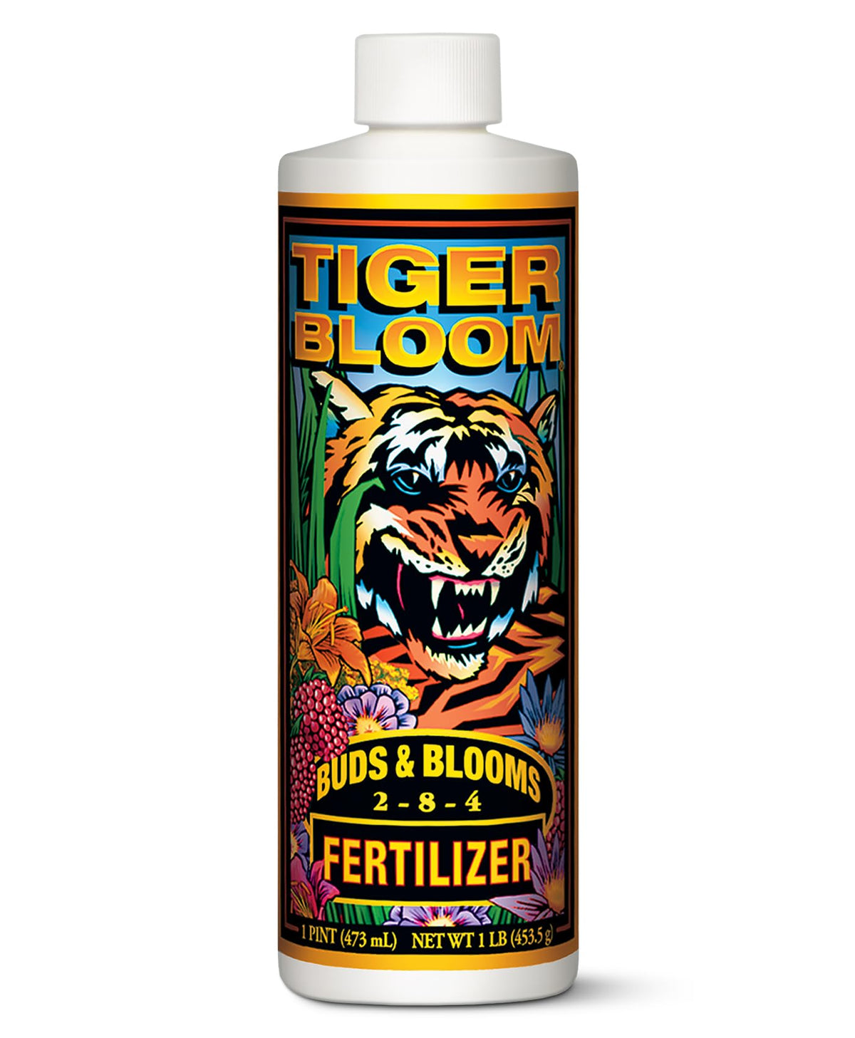 FoxFarm Tiger Bloom front label showing product name and 2-8-4 ratio, clear benefits
