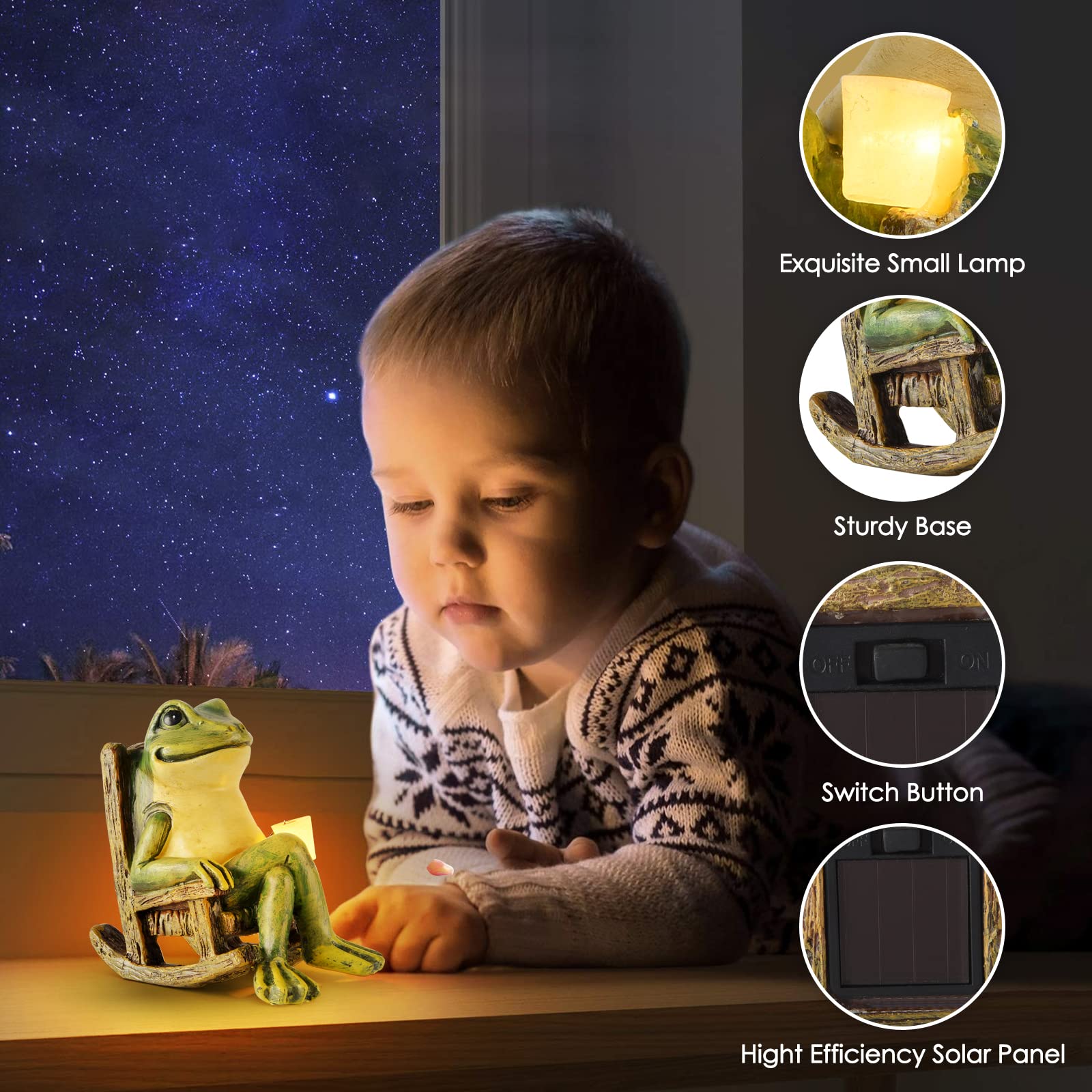 FOXMIS frog glowing at night on patio illustrating soft solar-powered illumination