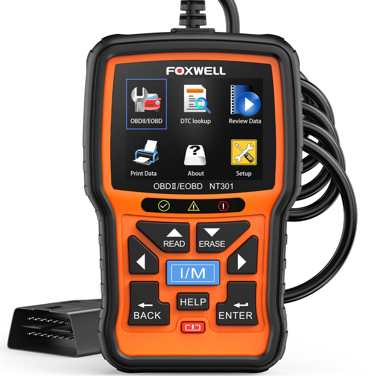 FOXWELL NT301 front display showing code readout and easy navigation benefit