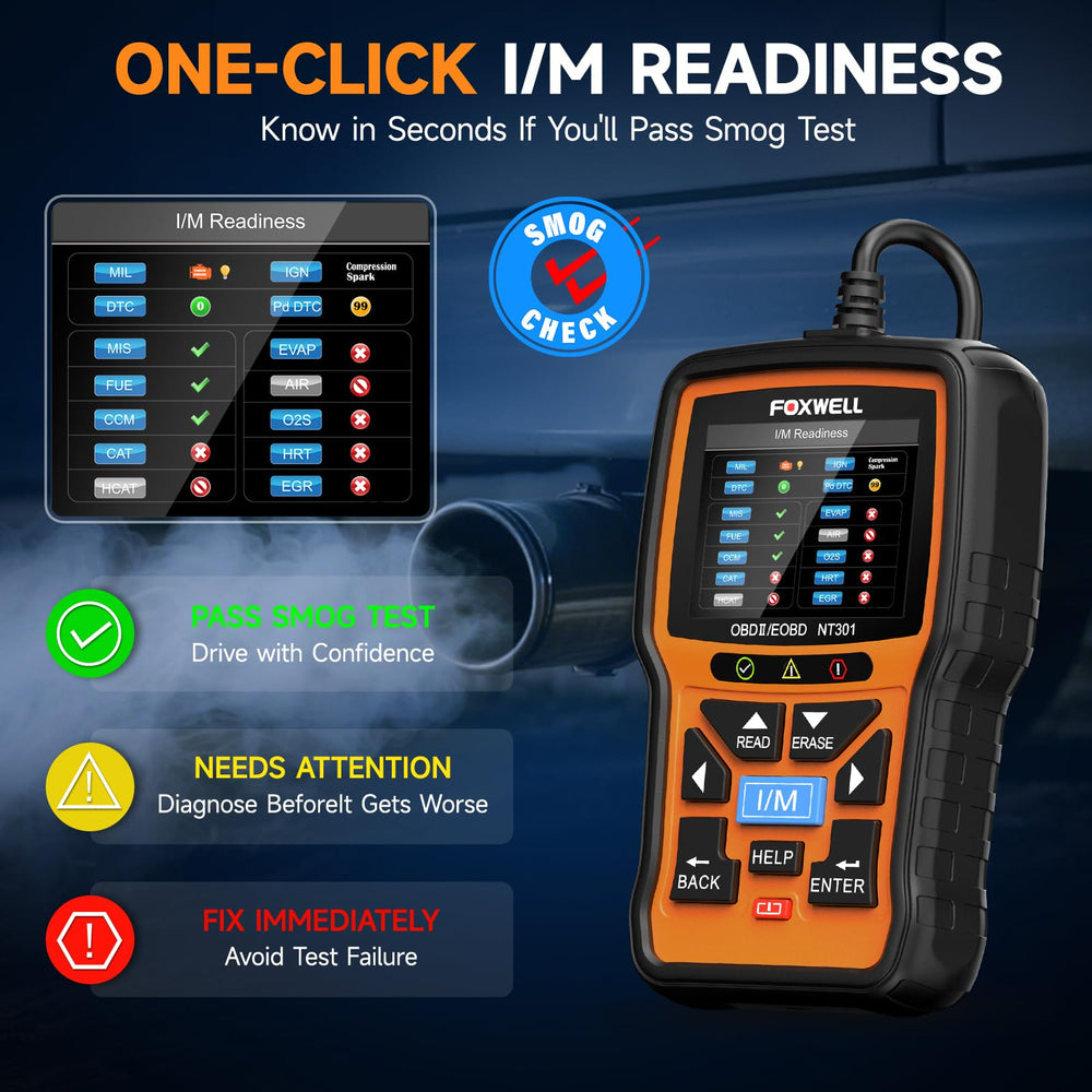 FOXWELL NT301 I/M readiness LED indicator giving inspection-readiness confidence