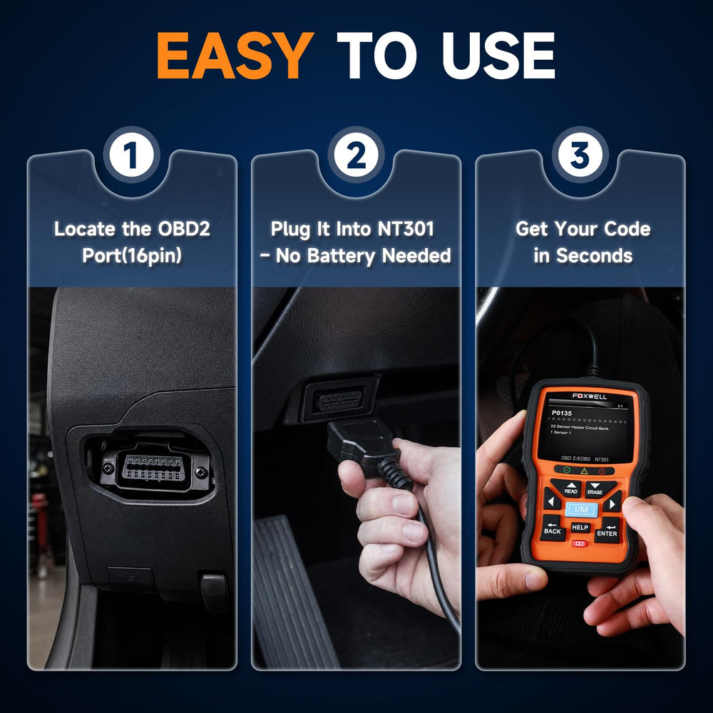 FOXWELL NT301 box and contents illustrating included accessories and value benefit