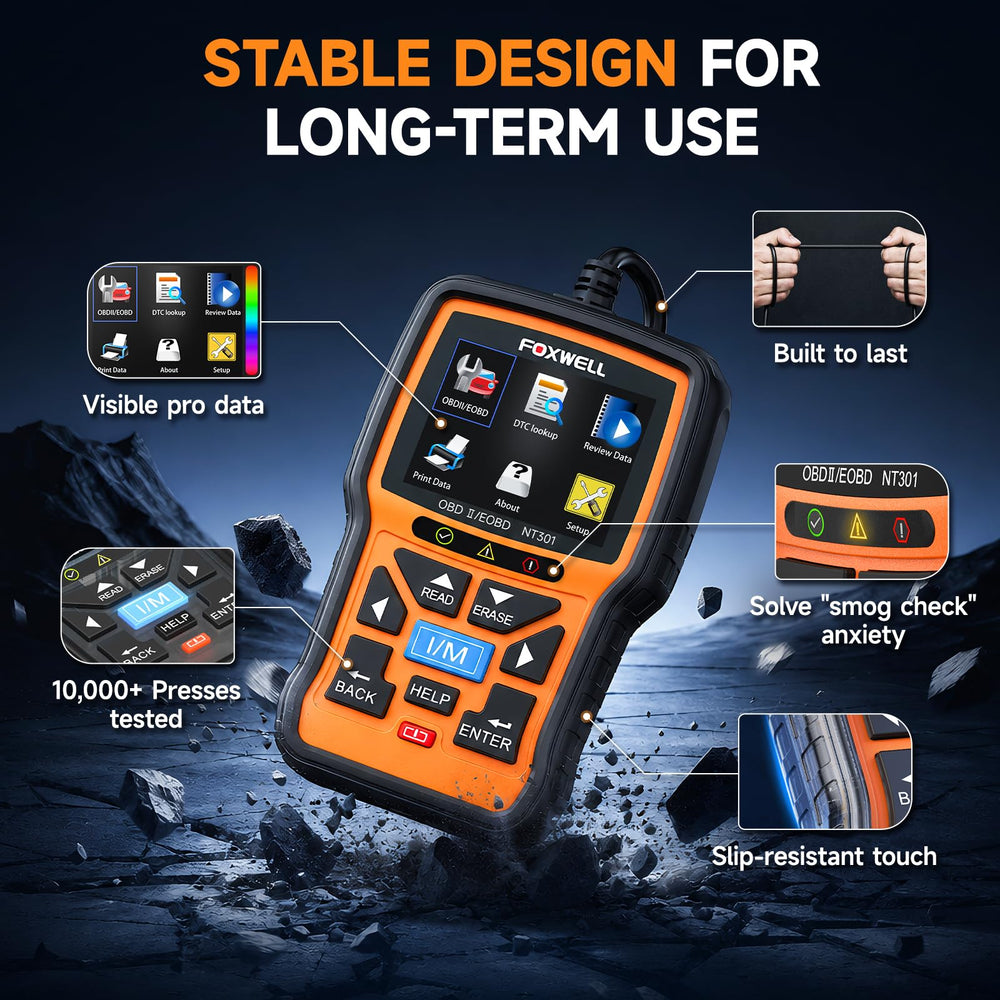 FOXWELL NT301 held in hand for scale showing portable size and ergonomic design