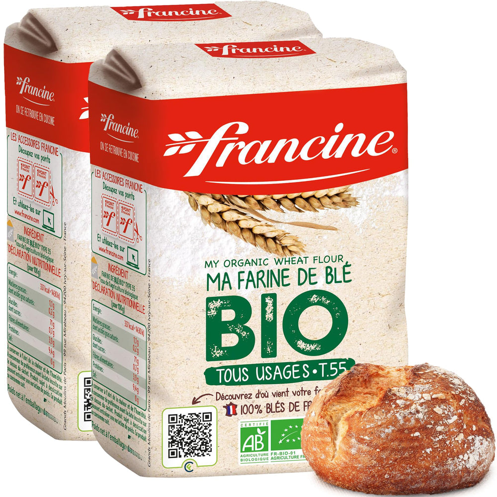 Francine front packaging showing T55 label and organic badge for confidence