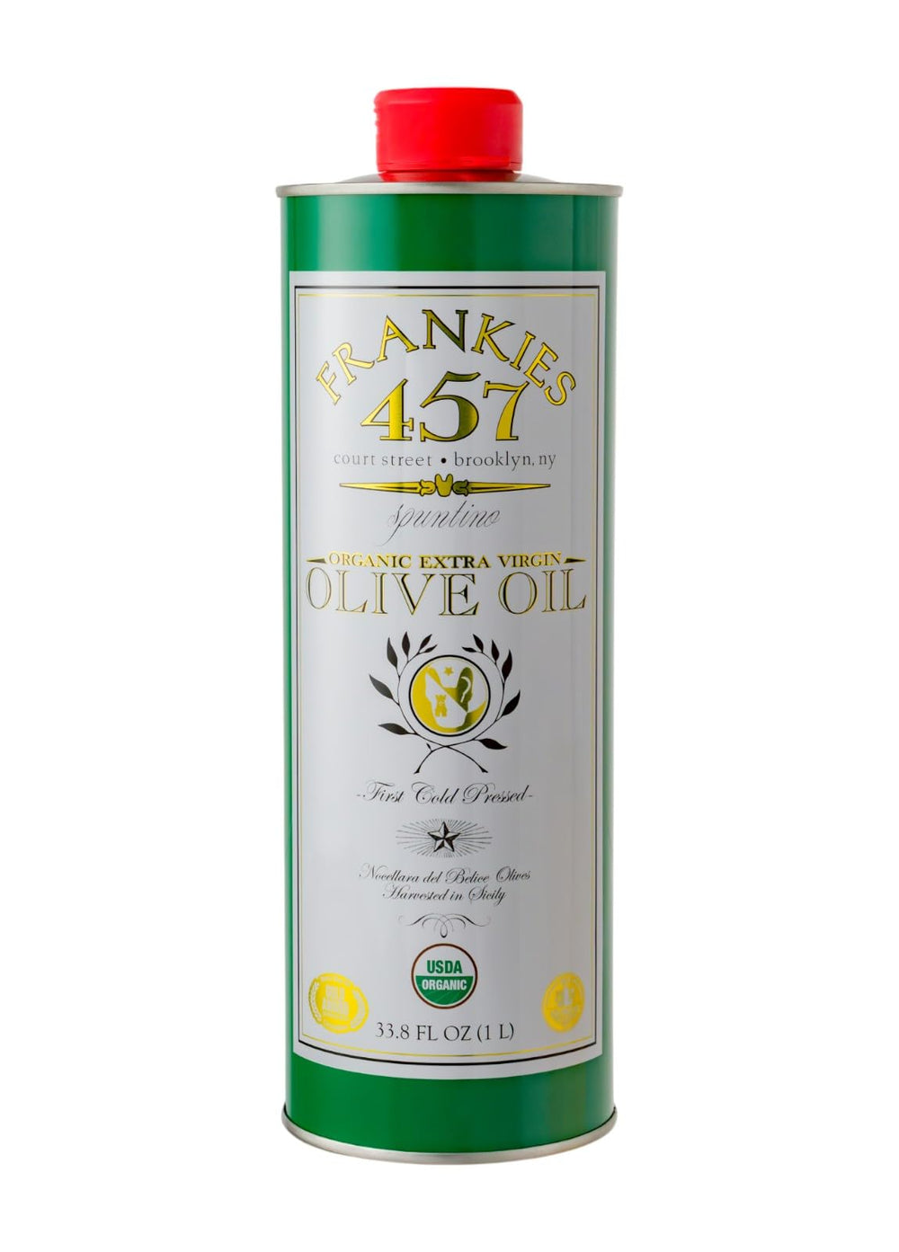 Frankies 457 front tin showing label and organic Sicilian origin, enhances pantry appeal