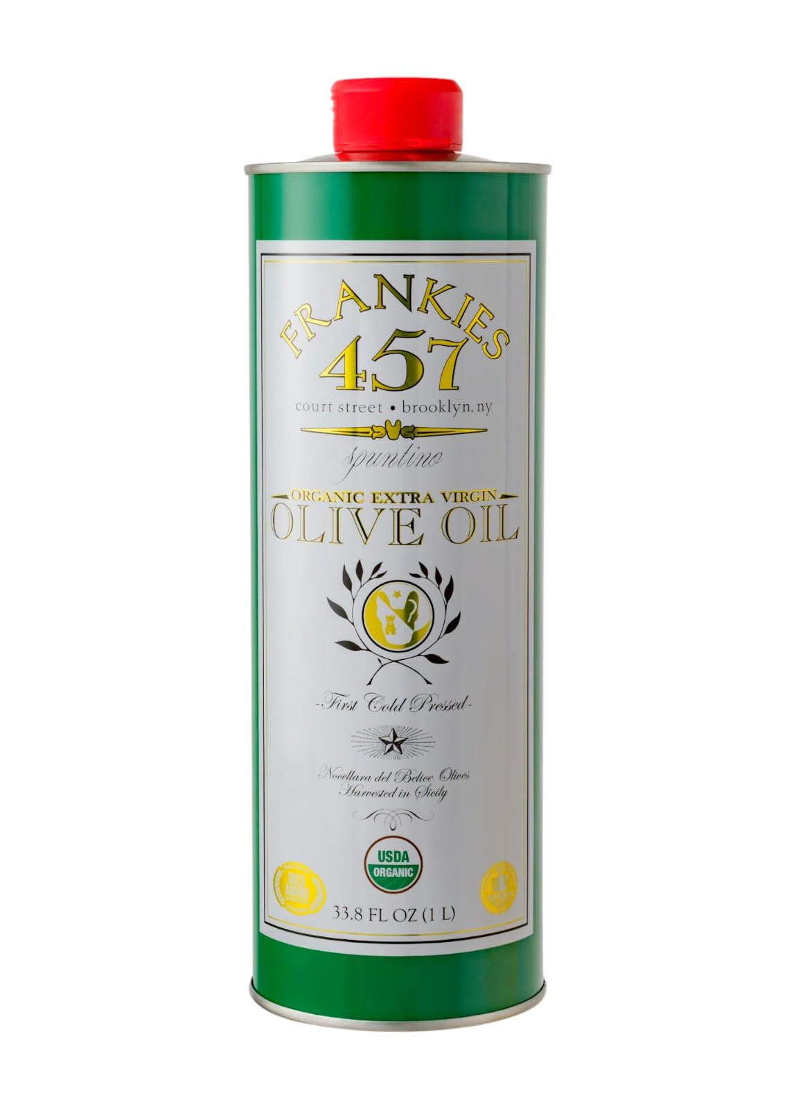 Frankies 457 front tin showing label and organic Sicilian origin, enhances pantry appeal