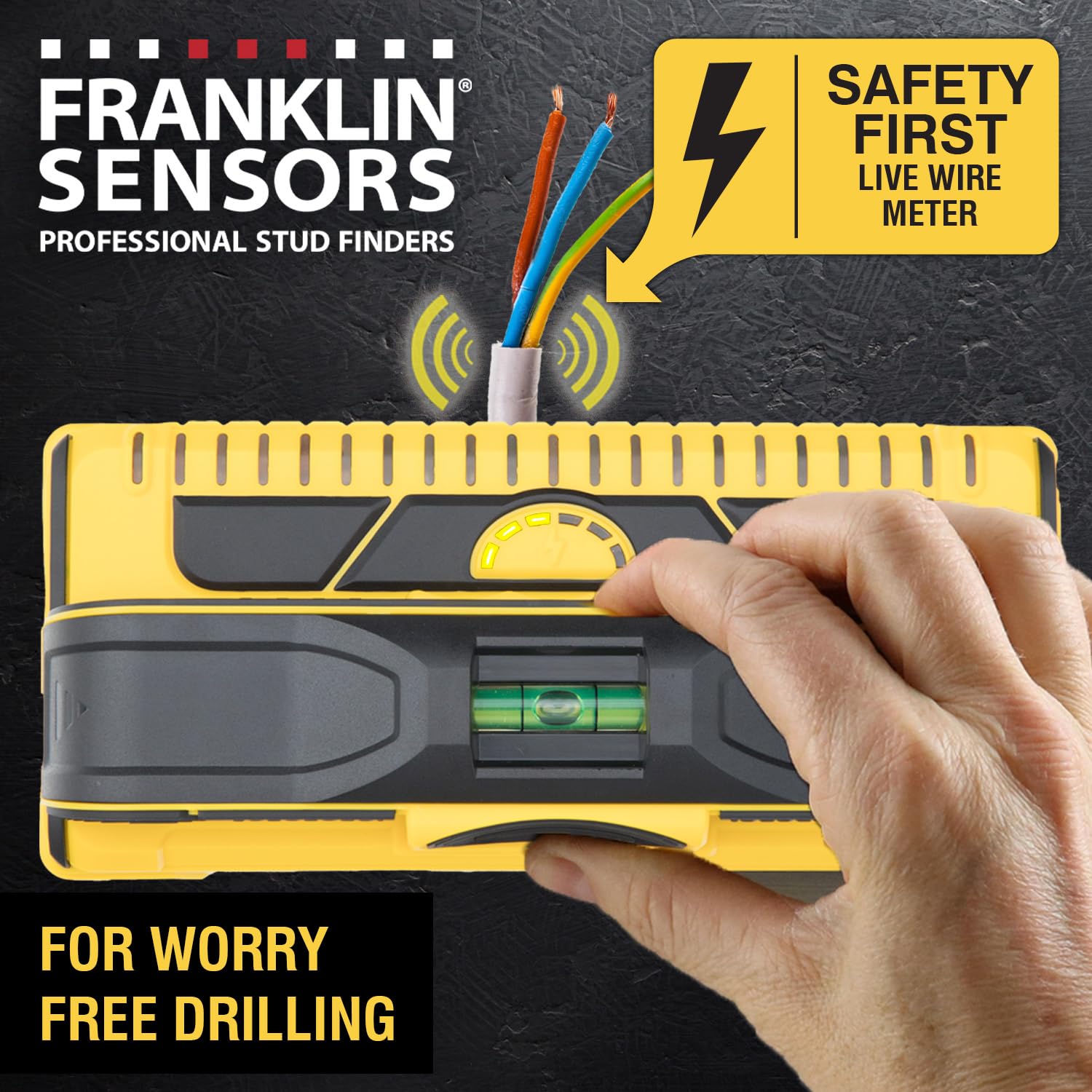 Franklin Sensors M210 held in hand to show tool scale and ergonomic grip for jobsite use