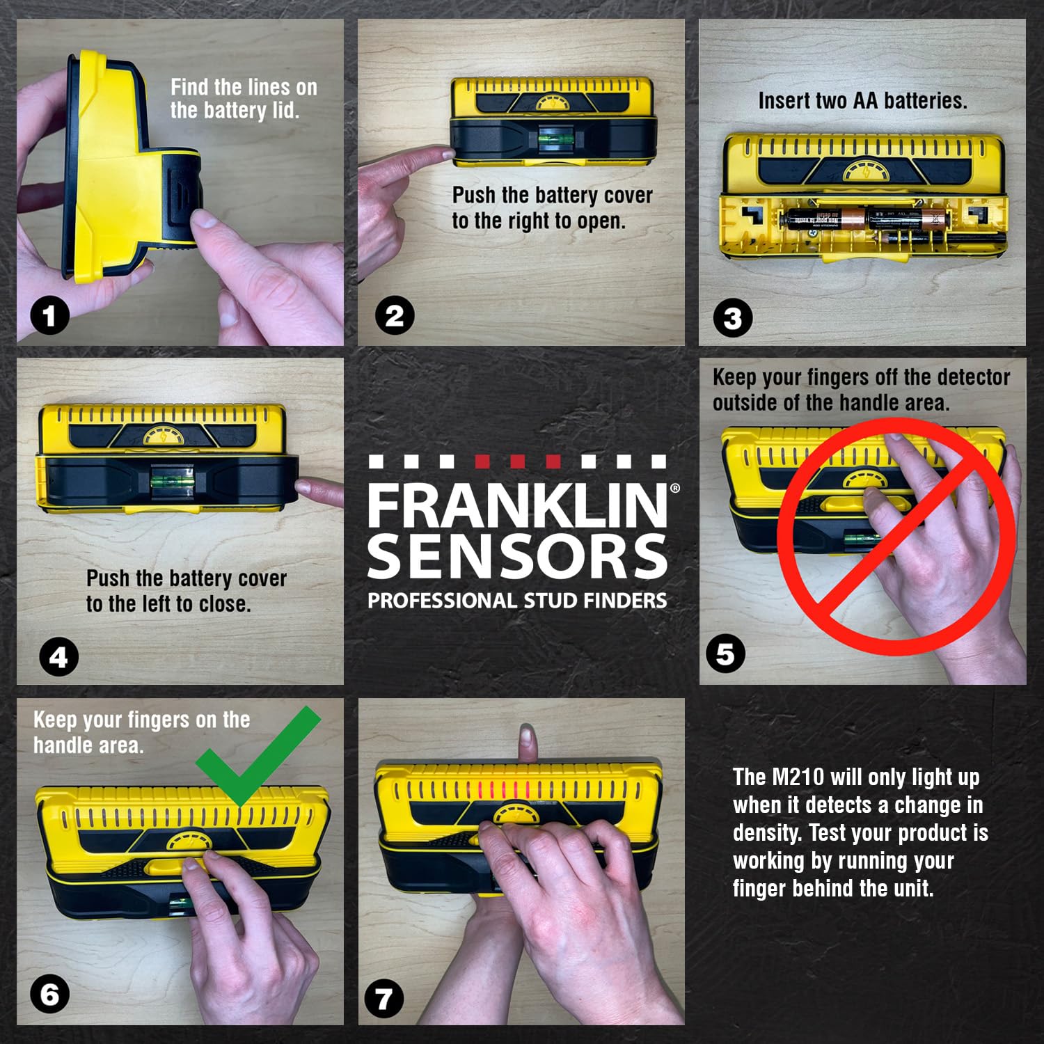 Franklin Sensors M210 packaging with batteries and manual to show included accessories