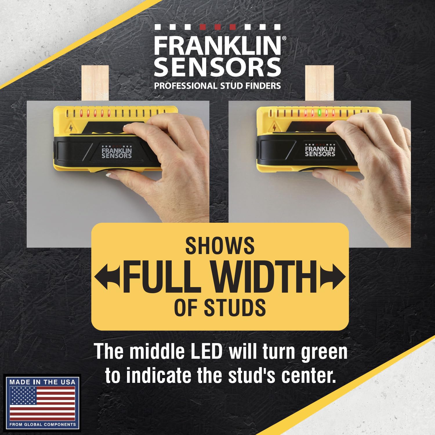 Franklin Sensors close-up of LED display indicating stud center and full width for precision