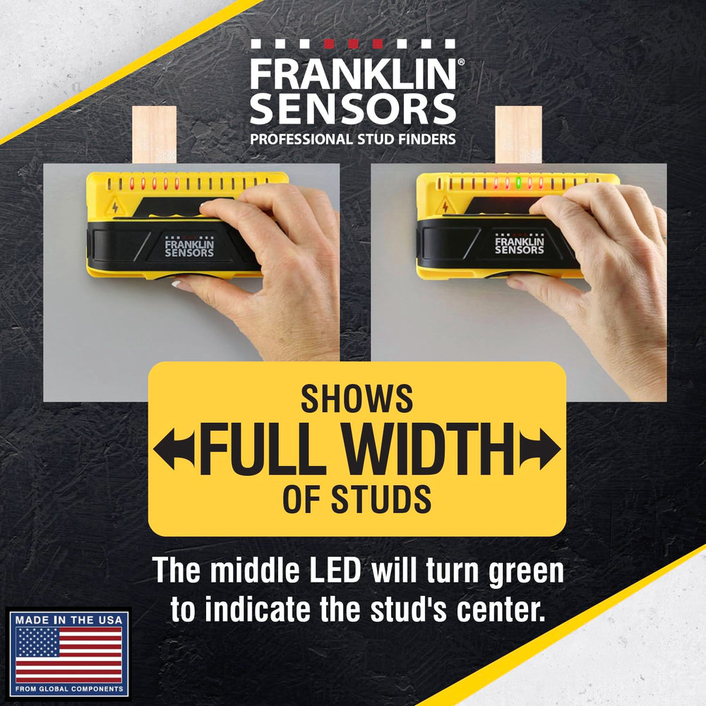 Franklin Sensors close-up of LED display indicating stud center and full width for precision