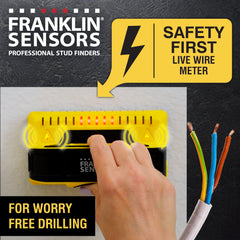Franklin Sensors unit in use on drywall demonstrating one-sweep detection for quick scanning