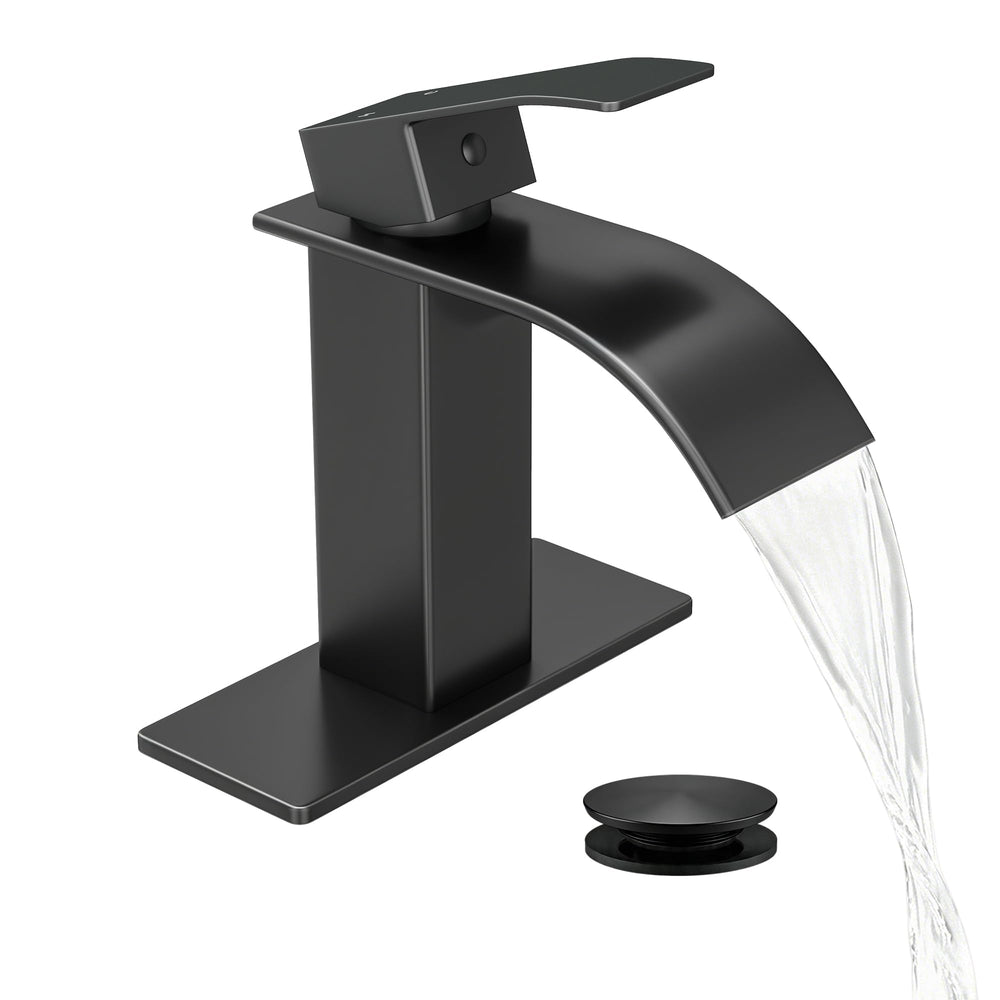 Fransiton faucet front view in matte black showing sleek waterfall and durable build