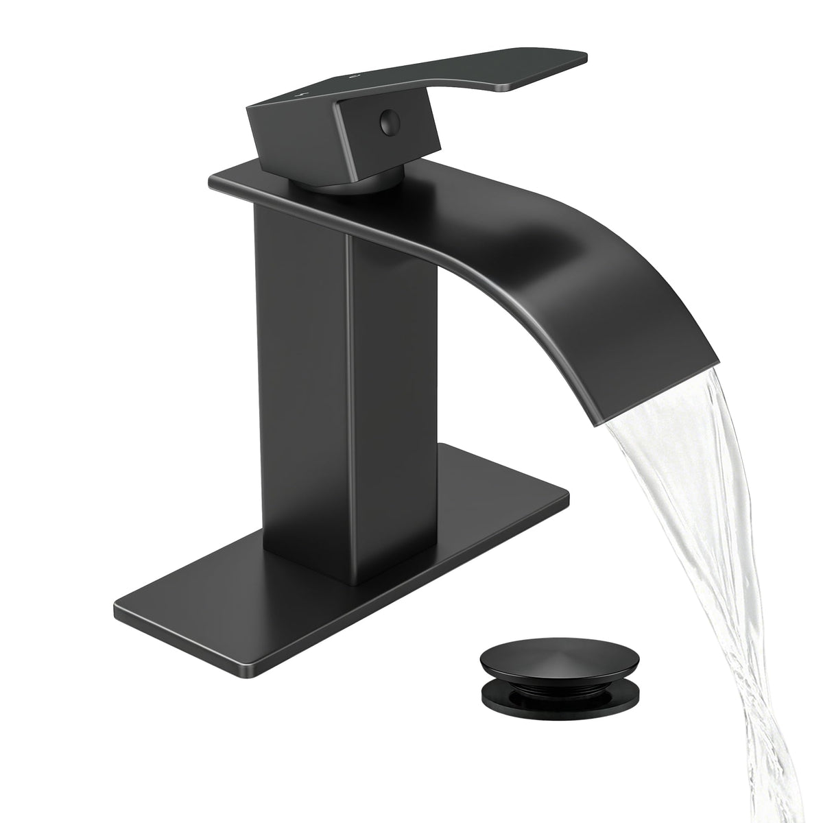 Fransiton faucet front view in matte black showing sleek waterfall and durable build