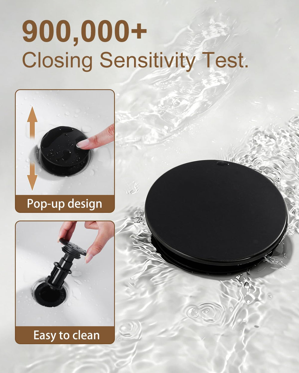 Fransiton removable pop-up waste removed to show easy cleaning and maintenance benefit