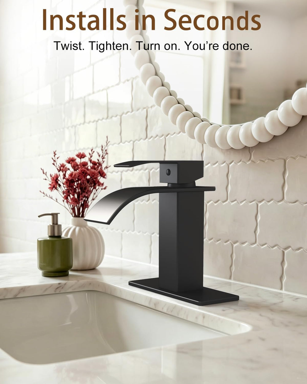 Fransiton faucet next to ruler showing scale and suitable fit for most bathroom vanities