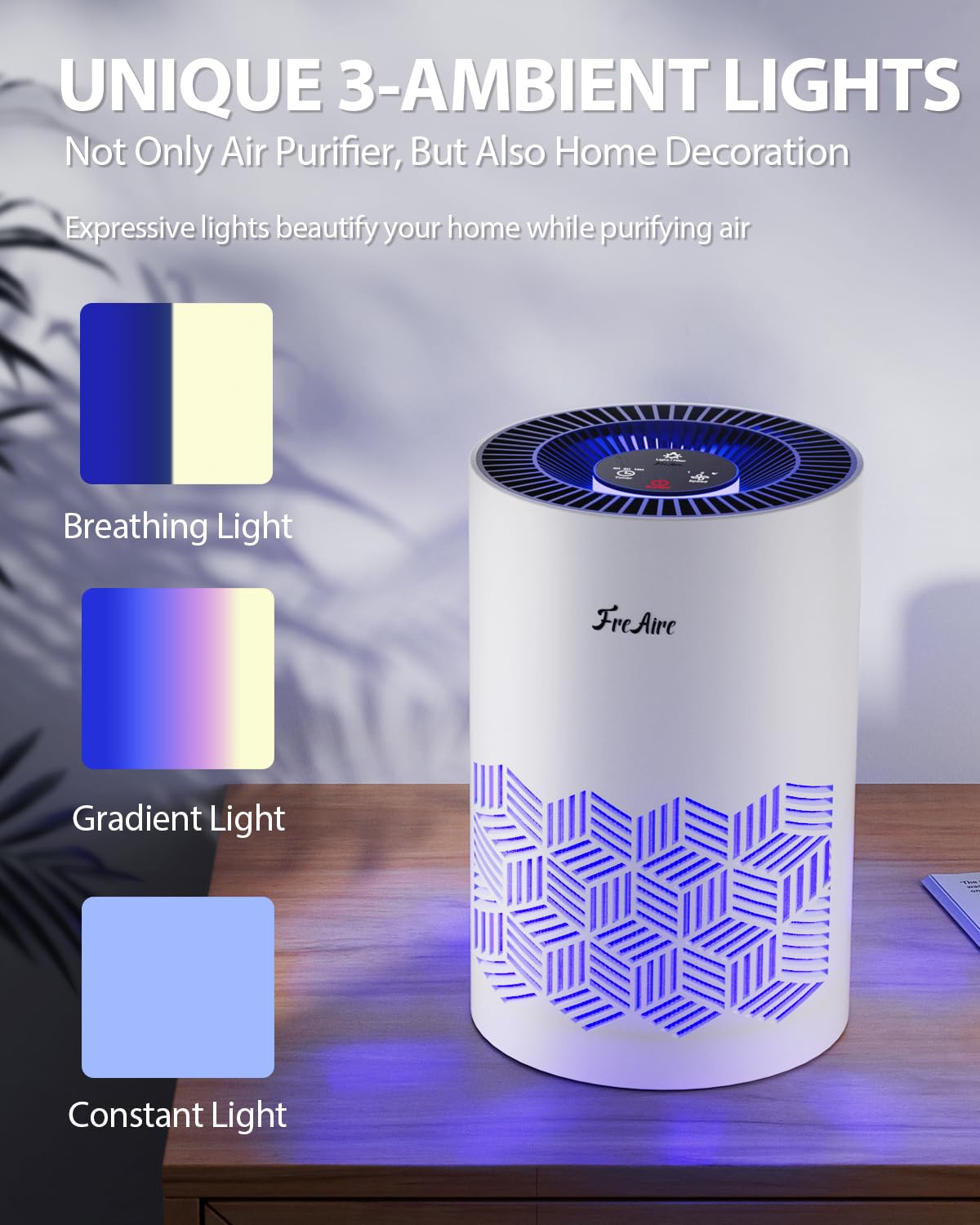 FreAire in bedroom lifestyle scene, demonstrating quiet operation and clean-air comfort