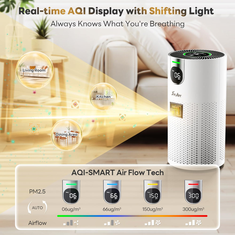 FreAire VisionAir next to chair for size comparison illustrating compact footprint