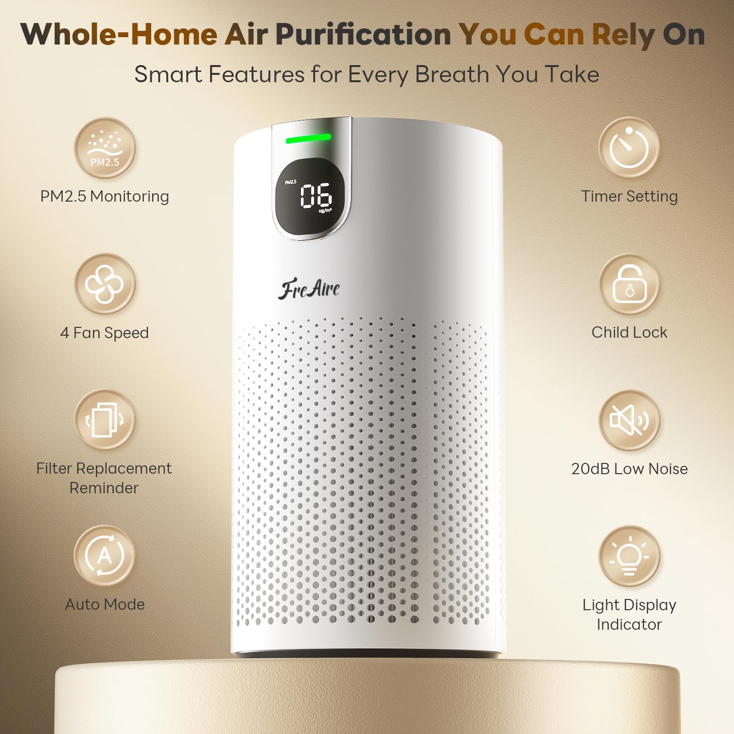 FreAire VisionAir top display closeup showing real-time PM2.5 and AQI indicator