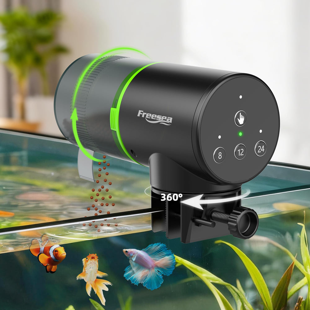 FREESEA front view showing compact automatic feeder design and easy install benefit