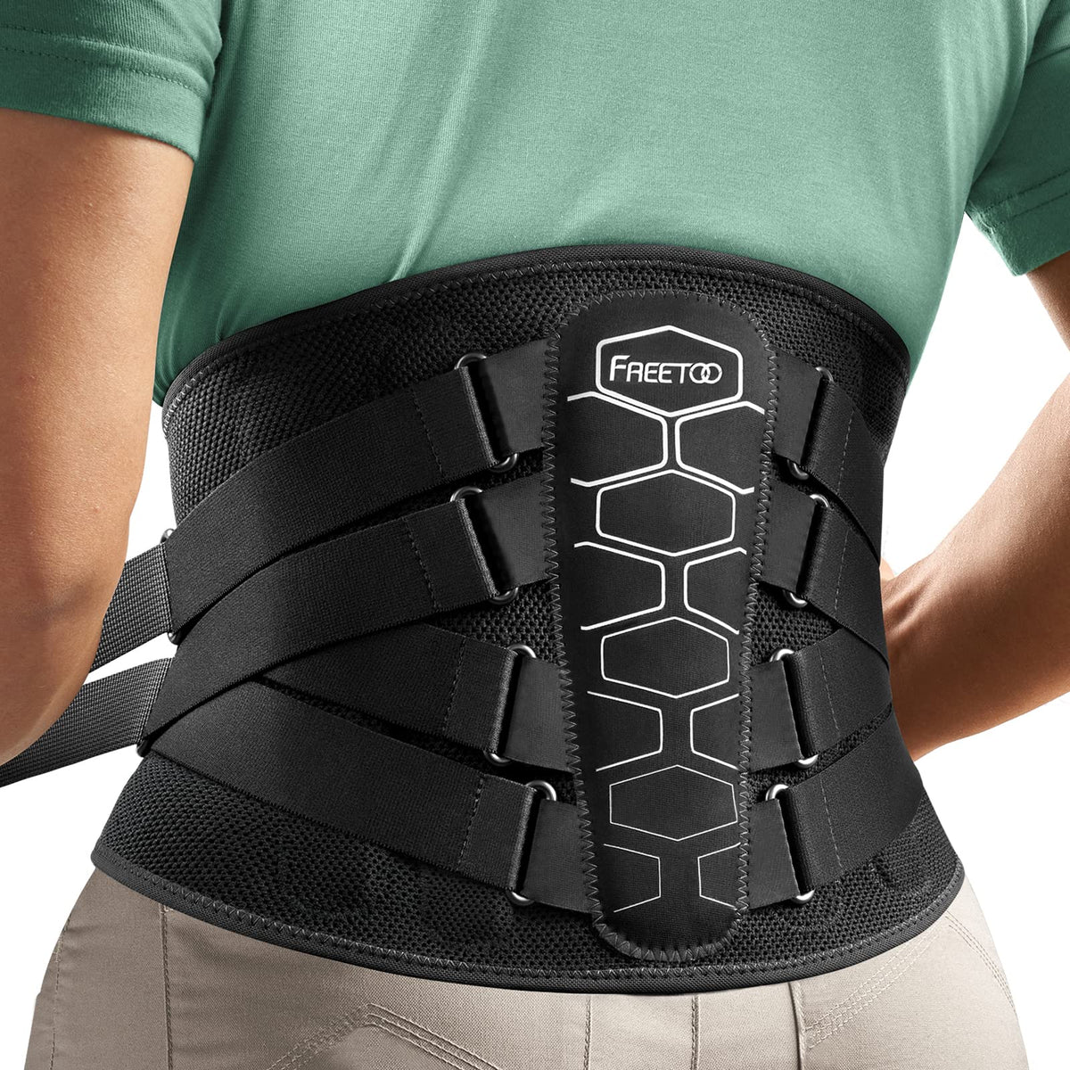 FREETOO front view of lumbar brace showing full support and posture benefit