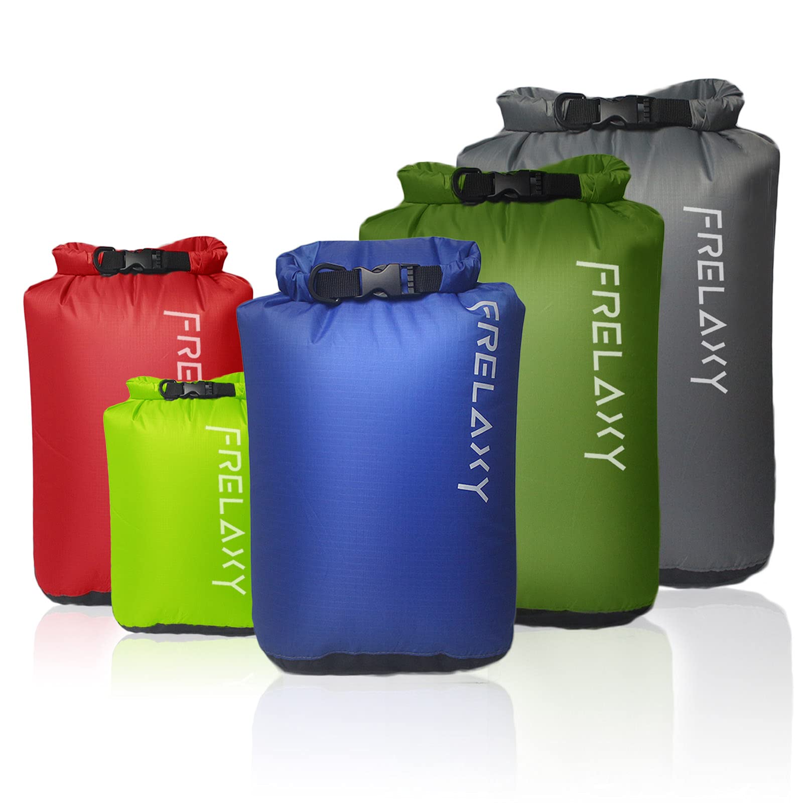 Frelaxy front view of five dry sacks showing colors and sizes for quick packing
