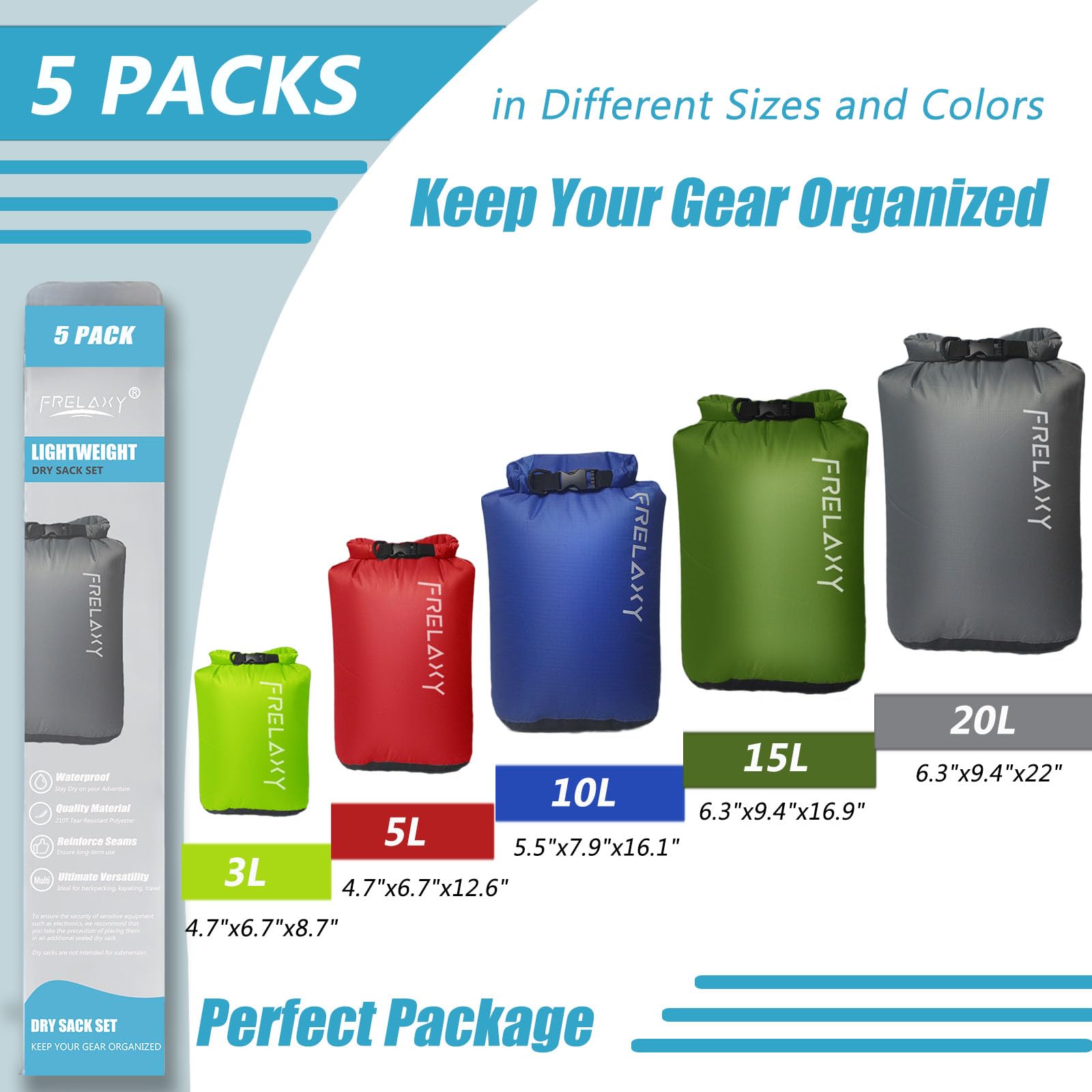 Frelaxy labeled size range 3L 5L 10L 15L 20L displaying capacity options