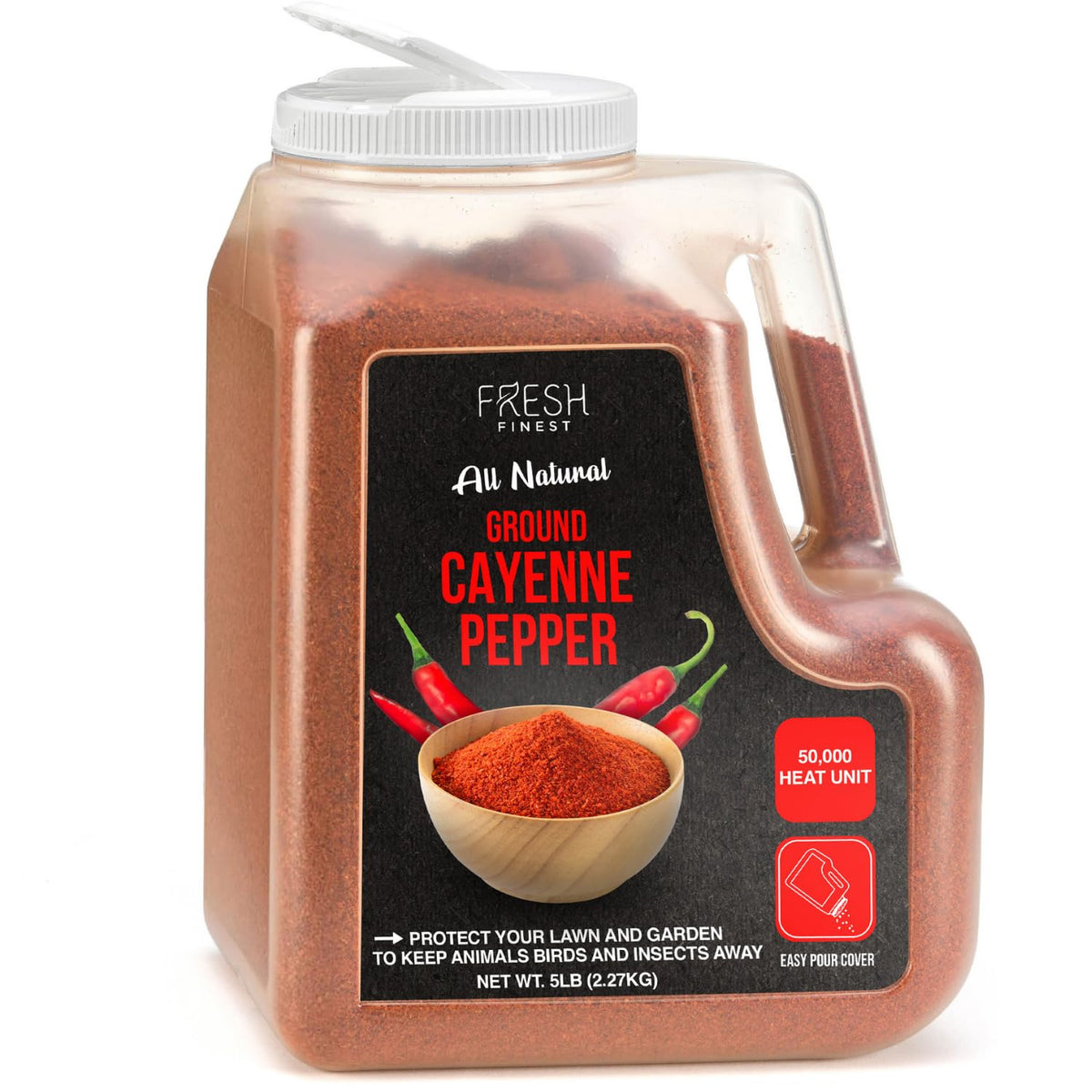 Fresh Finest front packaging of 5 lb cayenne powder showing label and red spice benefit: consistent bulk heat