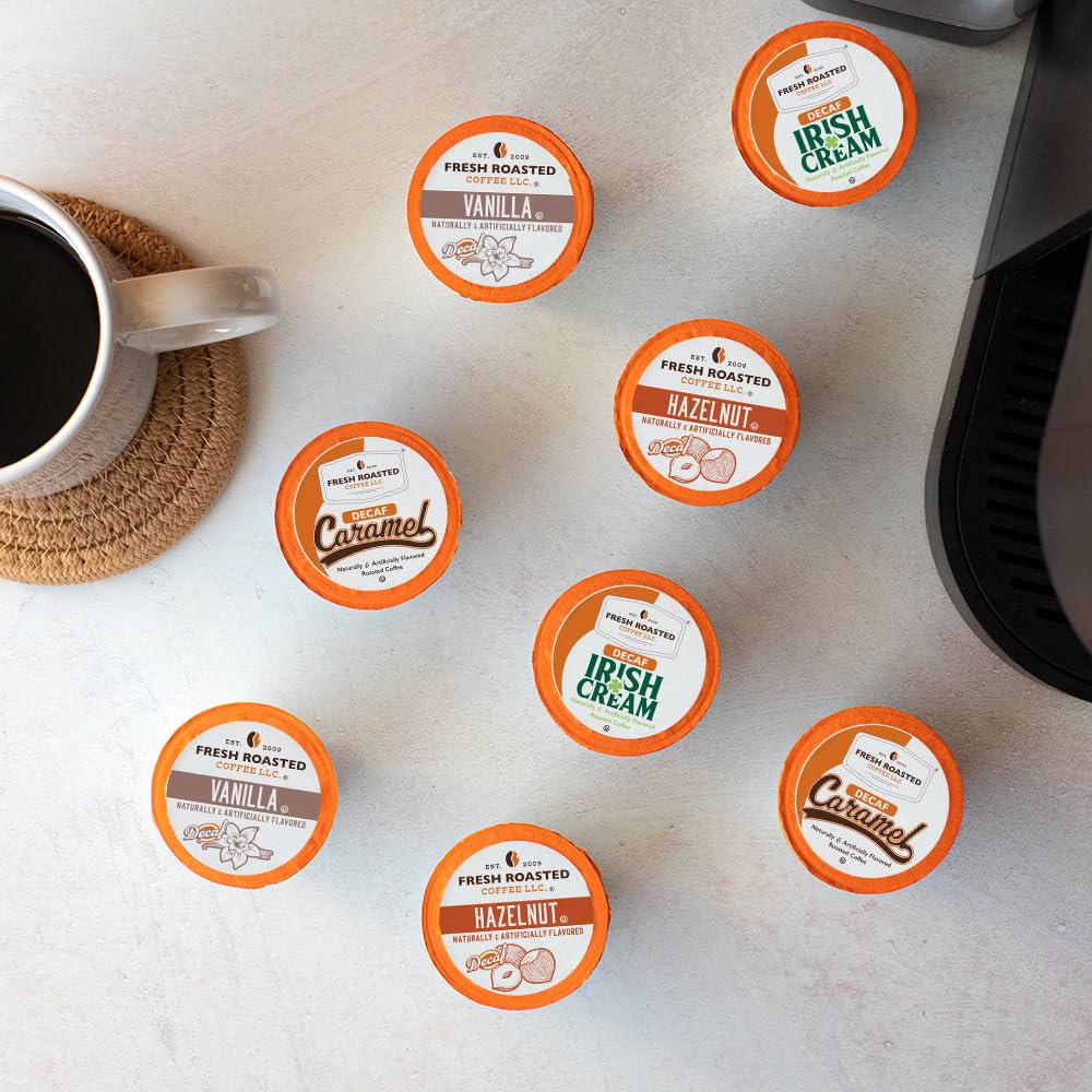 Fresh Roasted Coffee decaf K-Cup pod close-up highlighting pod design and freshness benefit