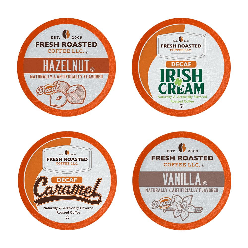 Fresh Roasted Coffee decaf variety pack front view showing 24-count box and branding benefit