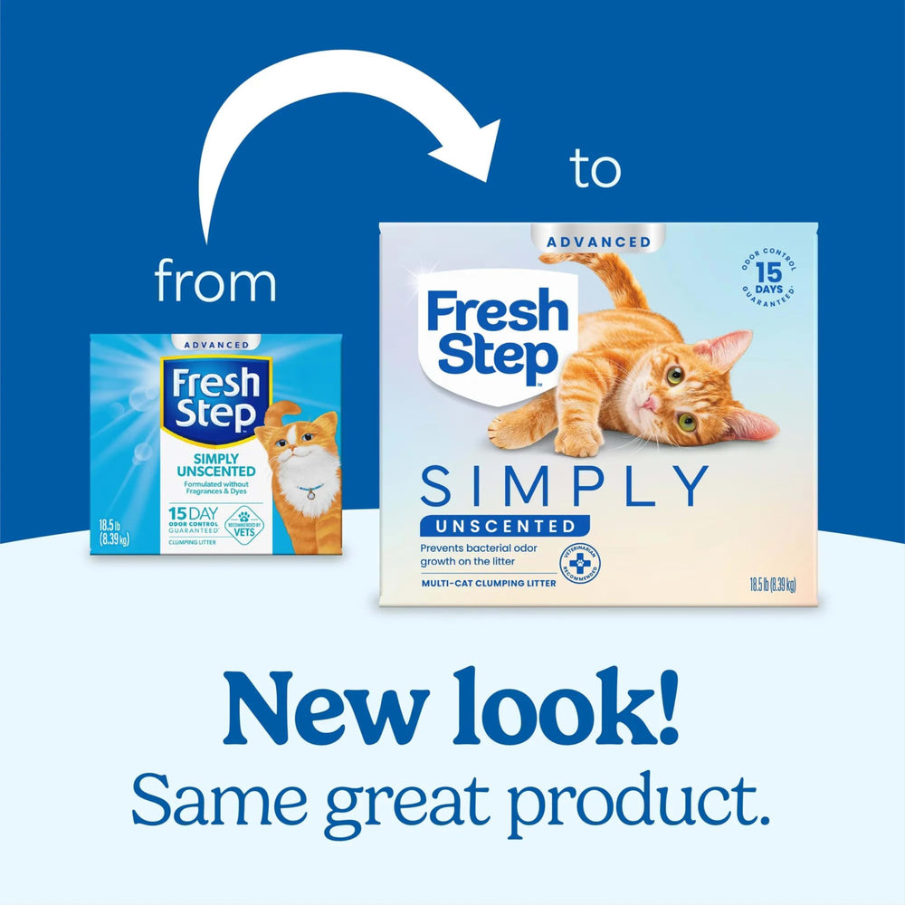Fresh Step box open revealing litter inside and easy-pour convenience benefit