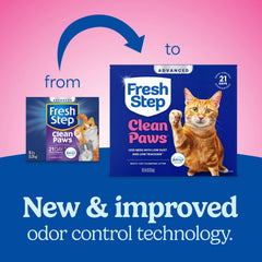 Fresh Step close-up of box highlighting clumping formula and scoop ease