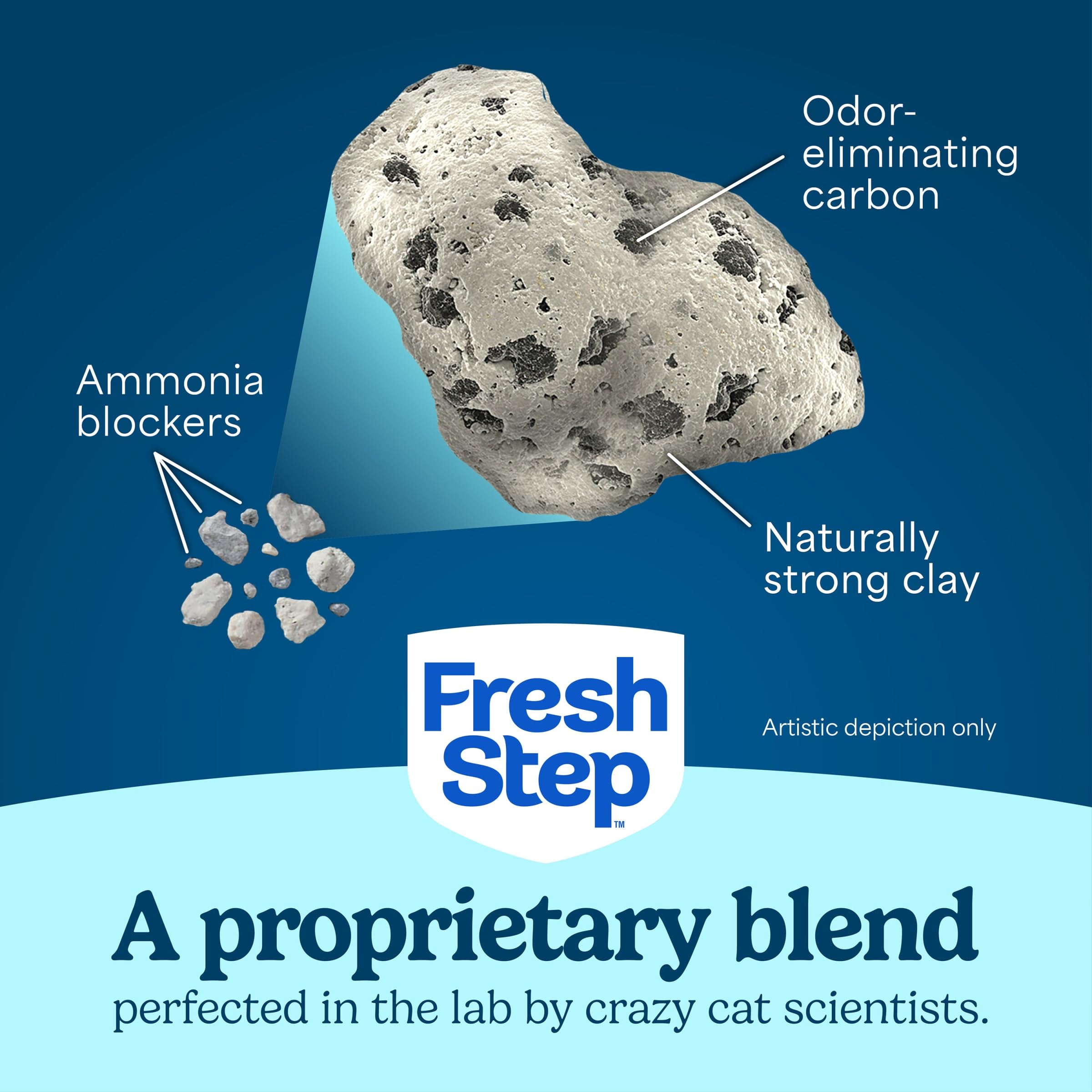 Fresh Step Febreze Gain scent badge on box indicating long-lasting freshness benefit