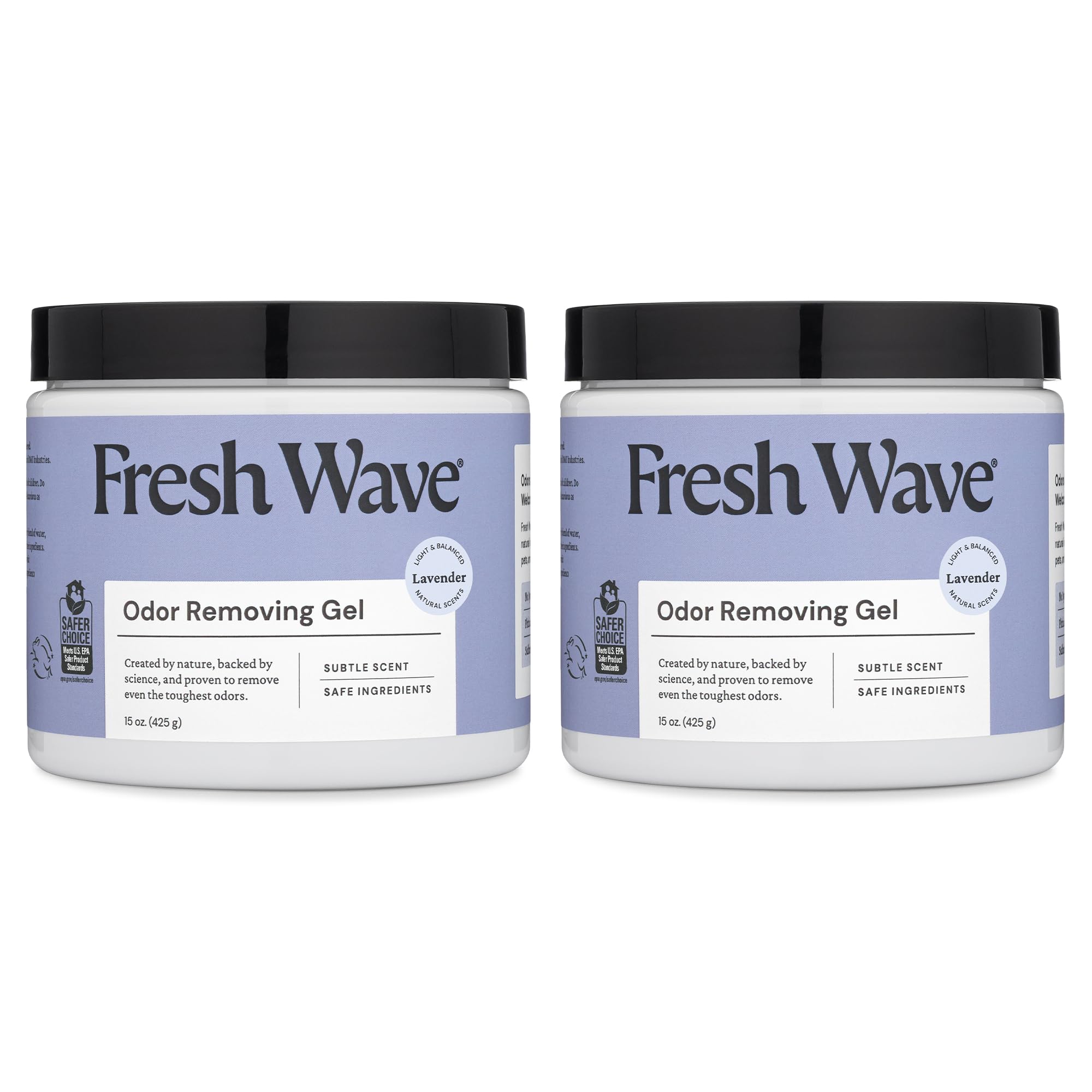 Fresh Wave front packaging showing two lavender gel jars and natural odor control benefit