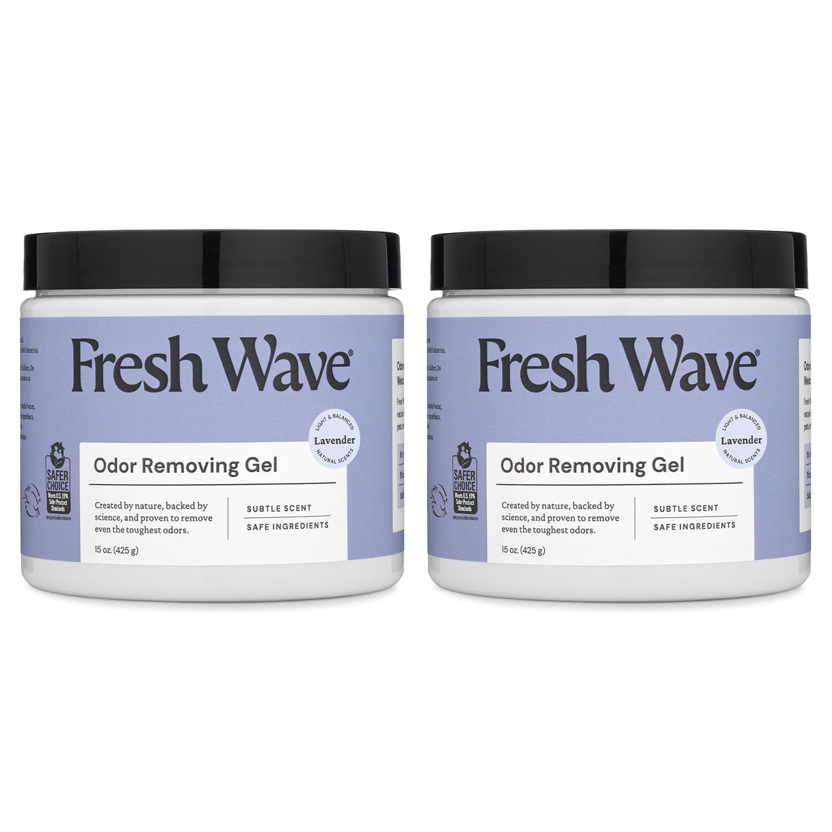 Fresh Wave front packaging showing two lavender gel jars and natural odor control benefit
