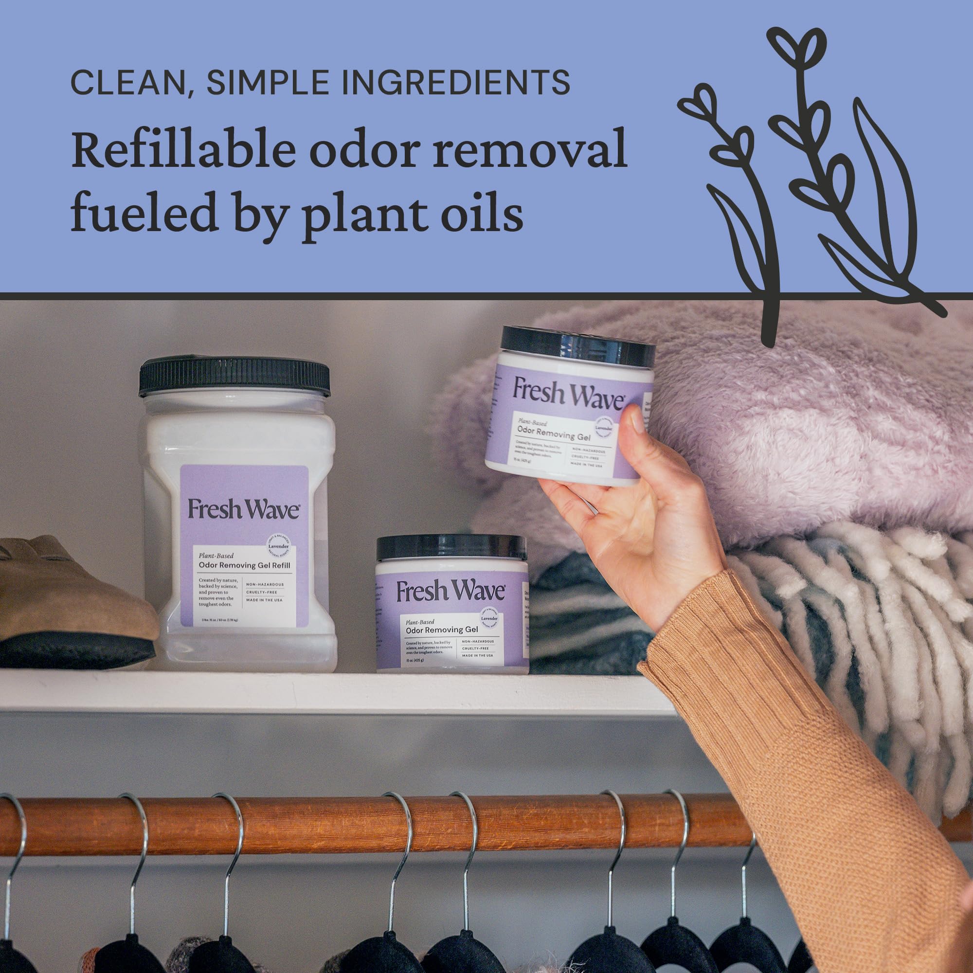 Fresh Wave jar by pet bed neutralizing pet odors safely in the home