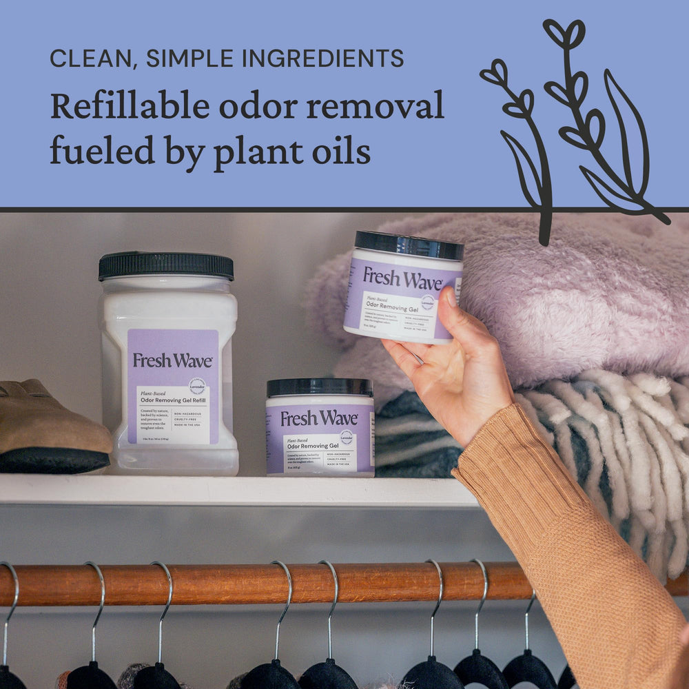 Fresh Wave jar by pet bed neutralizing pet odors safely in the home