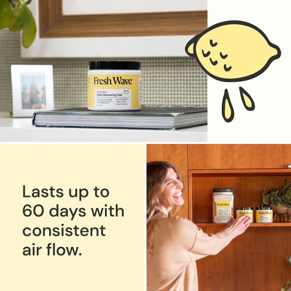 Fresh Wave gel placed on bathroom shelf offering continuous freshness