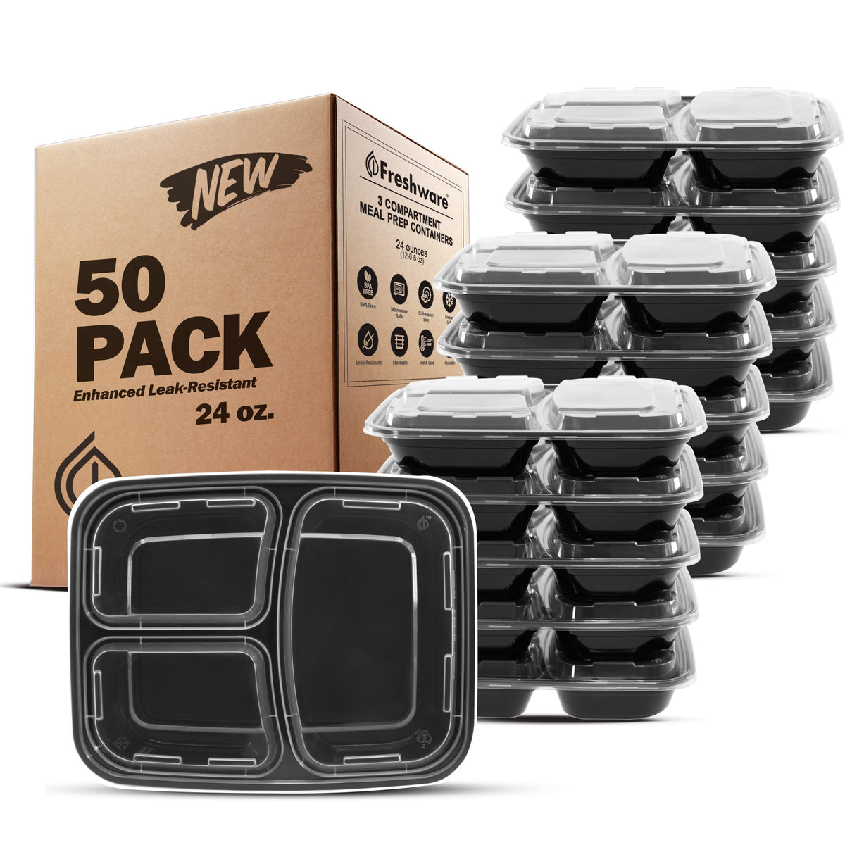 Freshware front view of 50-pack showing stackable layout and lids for easy meal prep