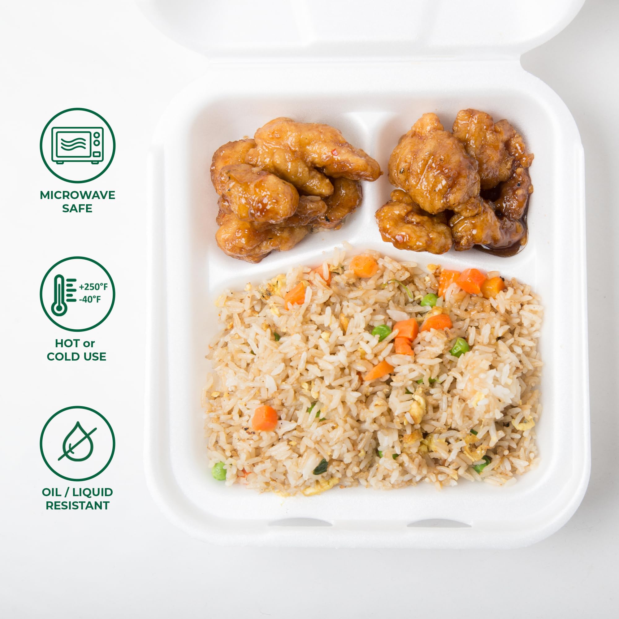 Freshware clamshell holding burger and sides illustrating meal presentation