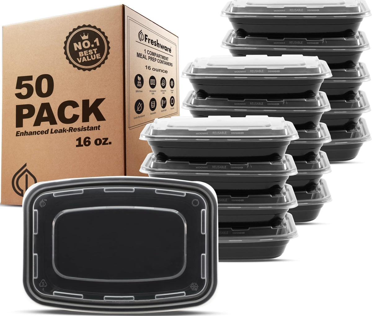 Freshware front packaging showing full 50-pack and clear lid, great for bulk meal prep