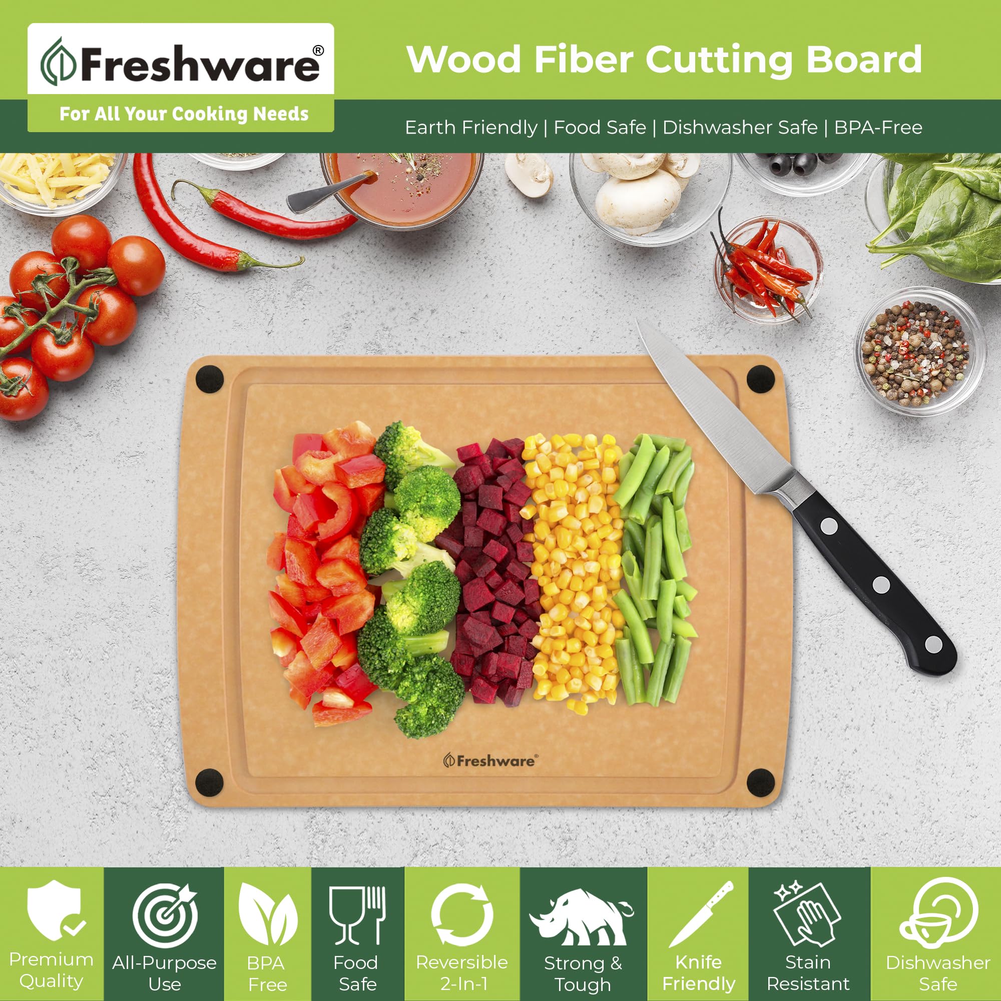 Freshware large board top angle highlighting juice groove to contain liquids while chopping