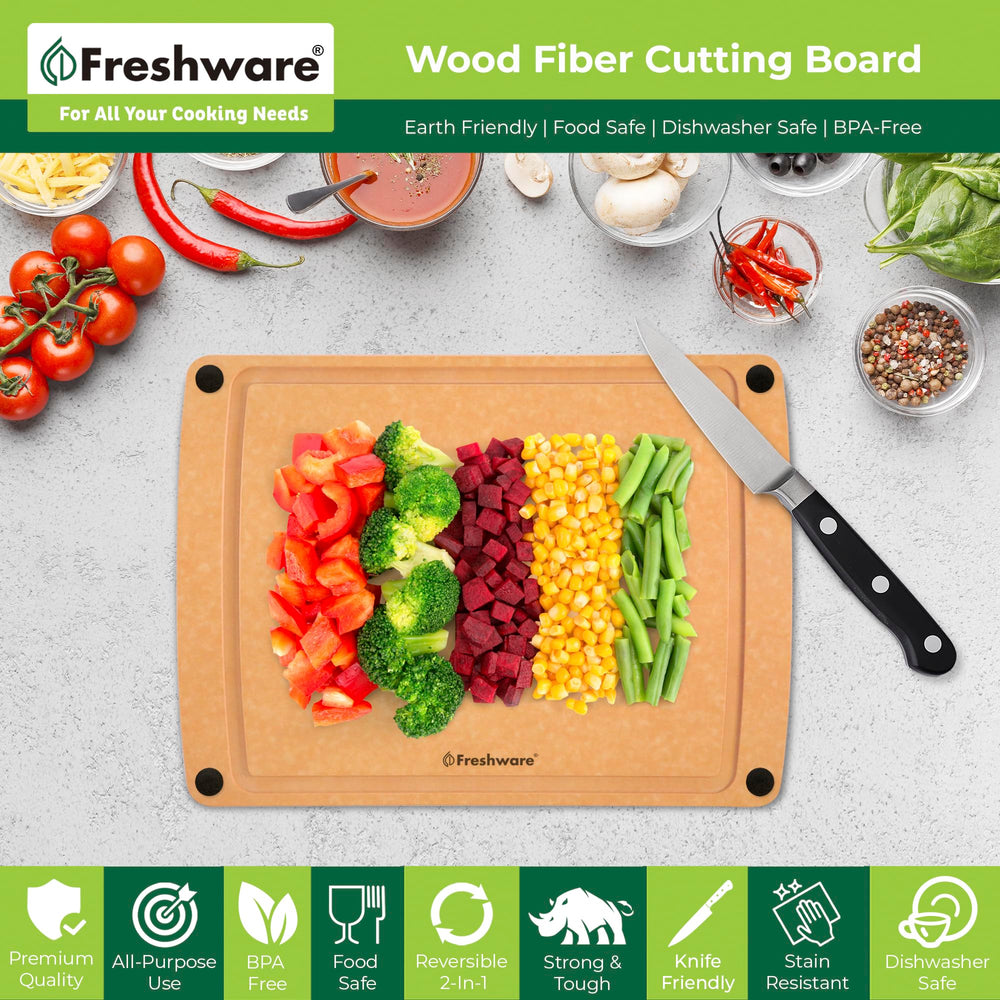 Freshware large board top angle highlighting juice groove to contain liquids while chopping