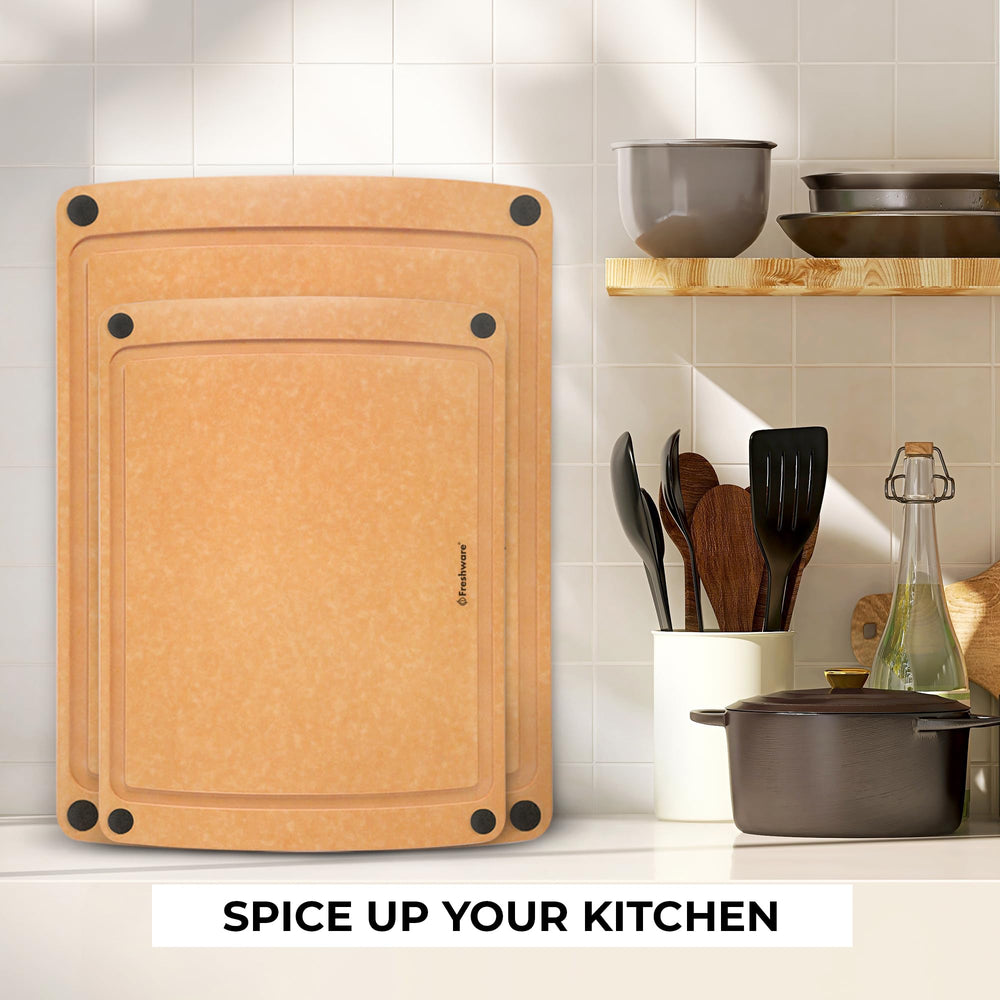 Freshware boards on countertop to show medium and large size comparison for prep tasks