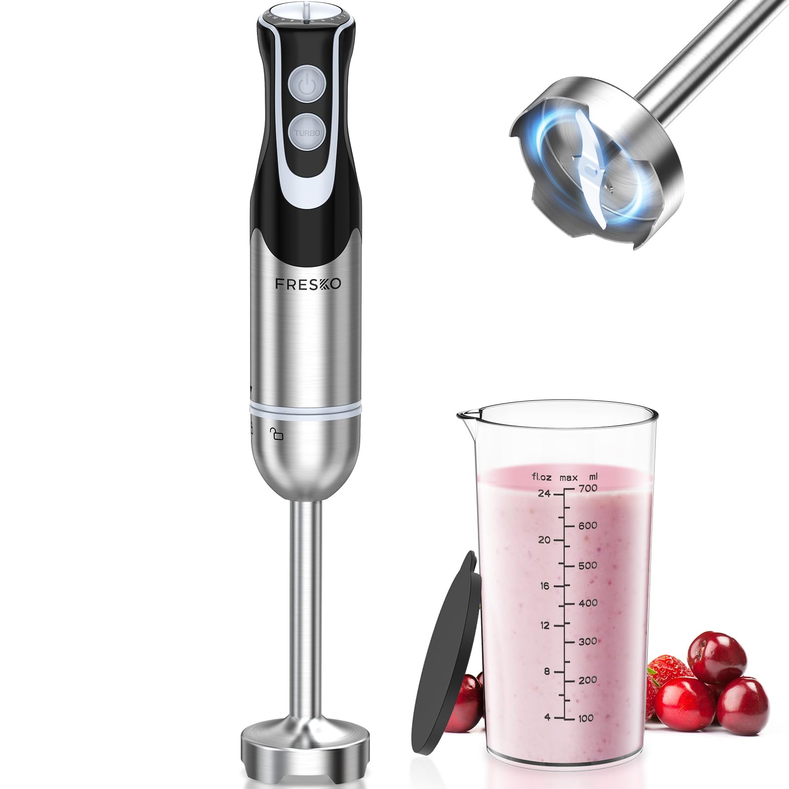 FRESKO front view showing compact handheld blender and beaker benefit quick prep
