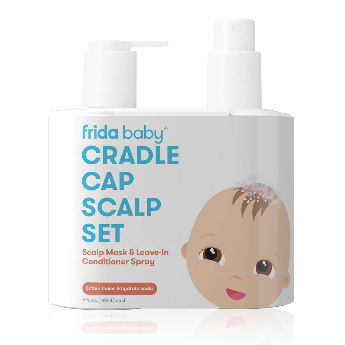 Frida front packaging showing the cradle cap treatment kit and clear benefits