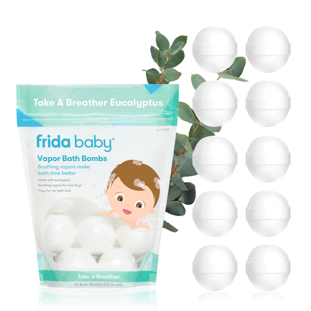 Frida bath bomb front packaging showing eucalyptus and lavender benefits
