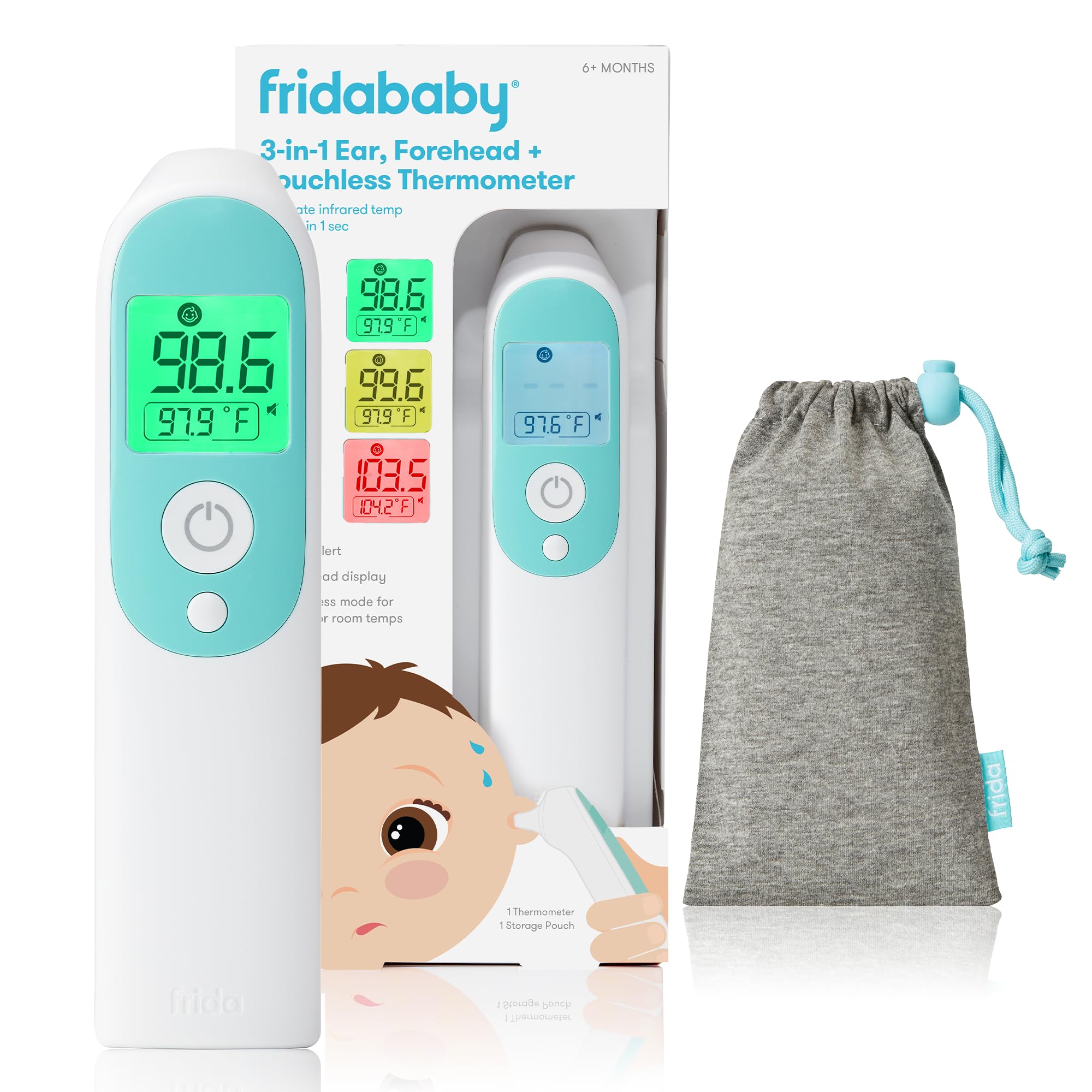 Frida Baby thermometer front view with buttons, quick and portable